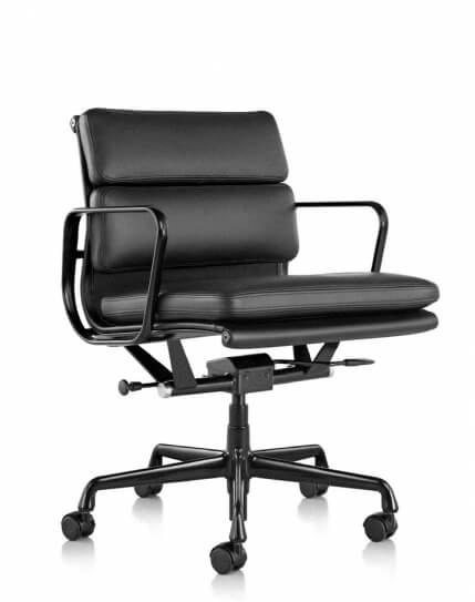 Eames Style Black Genuine Leather Padded Medium Back Chair