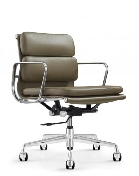 Eames Style Stone Gray Genuine Aniline Leather Padded Medium Back Chair