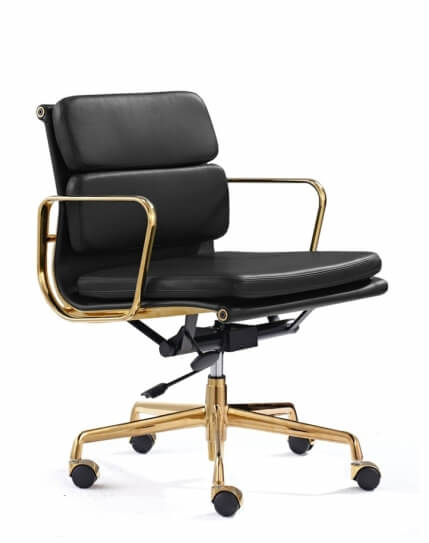 Eames Style Gold Frame Black Padded Medium Back Chair