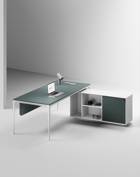 Arc Pro Nova L-Shape Executive Desk - Stone Green White Frame