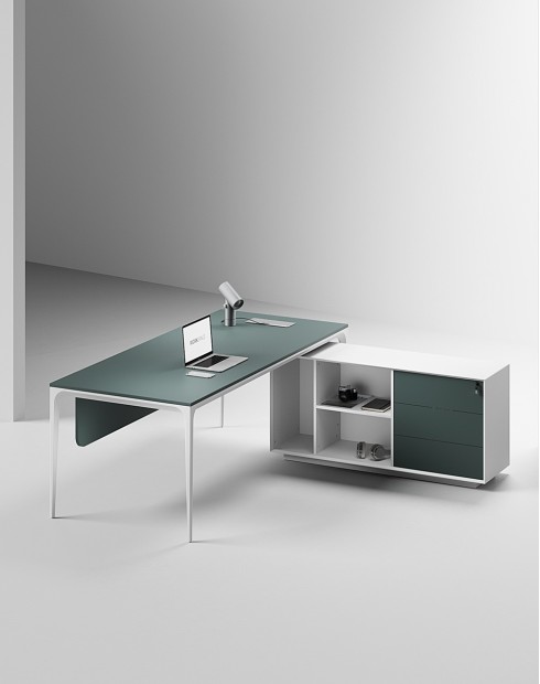 Arc Pro Nova L-Shape Executive Desk - Stone Green White Frame Arc Pro Nova L-Shape Executive Desk - Stone Green White Frame