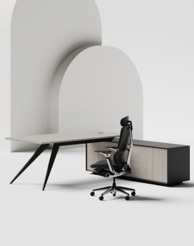 Zenon Black L-Shape Executive Desk Ash Grey Oak
