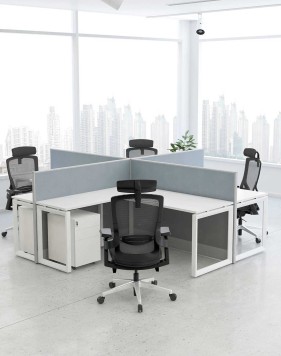 White- Focus Cluster of 4x L-Shaped Desk Open Cubicle Workstation