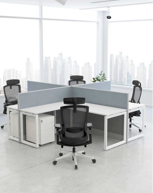 White- Focus Cluster of 4x L-Shaped Desk Open Cubicle Workstation