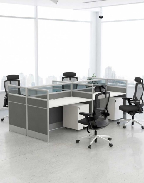 Focus Cluster of 4x Face to Face Cubicle Workstation with Glass Partition