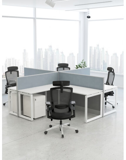 White- Focus Cluster of 4x L-Shaped Desk Open Cubicle Workstation